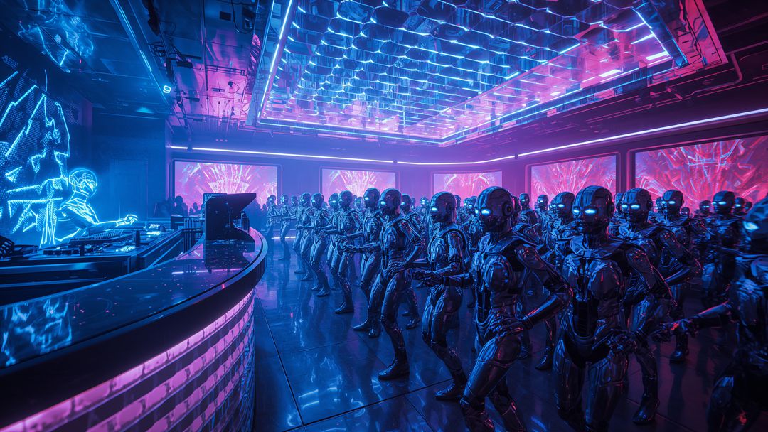 Futuristic Robots Dancing in Neon Lit Club under AI Influence