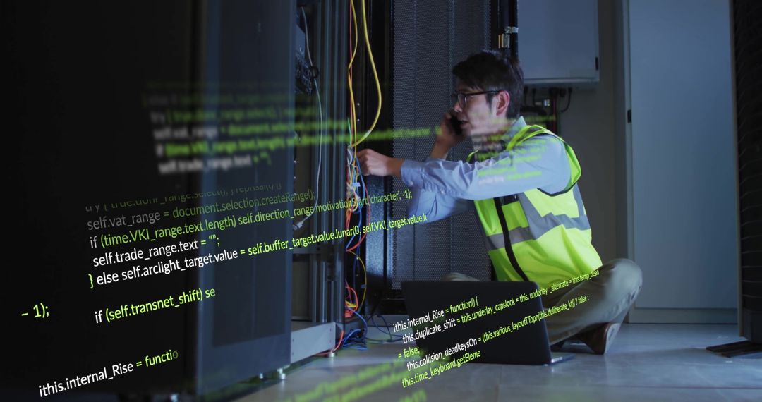 Technician Managing Servers with Overlay of Digital Code
