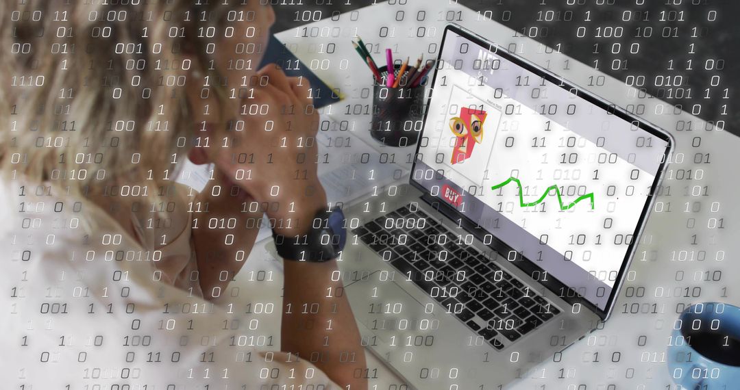 Overwhelmed woman viewing NFT pet token chart on laptop with floating binary code overlay