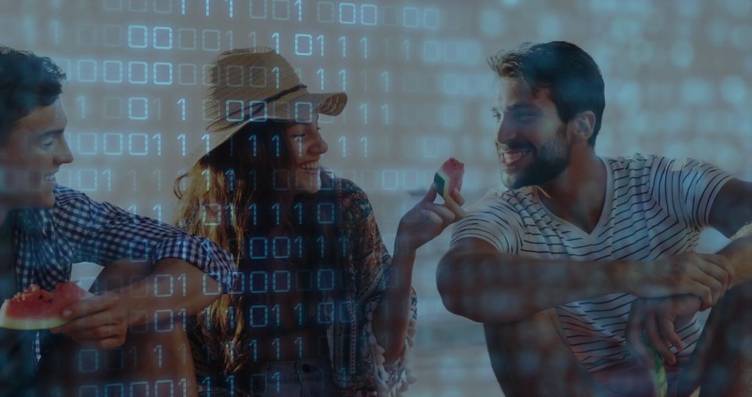 Friends Relaxing with Binary Theme at Lakefront