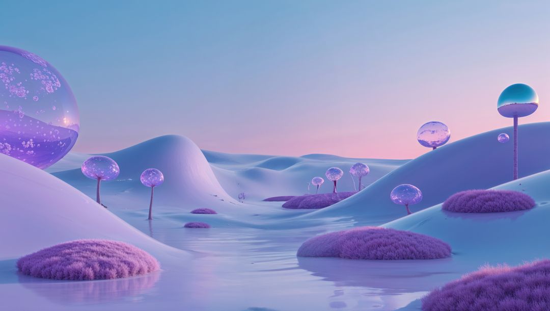 Surreal Dreamscape with Orb-Topped Trees Reflecting in Serenity