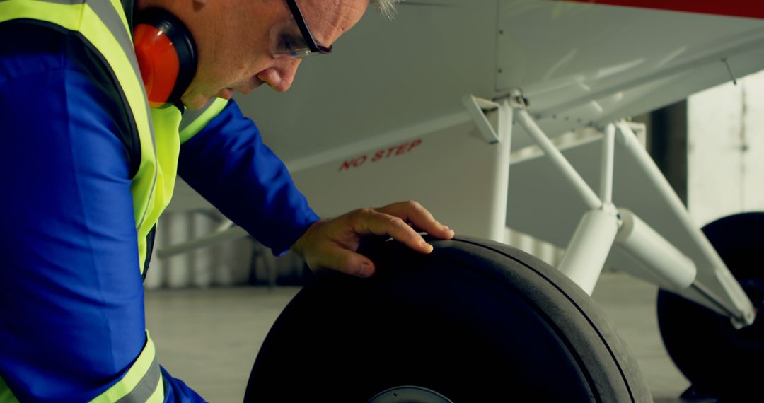 Mechanic Inspecting Airplane Tire in Hangar - Free Images, Stock Photos and Pictures on Pikwizard.com