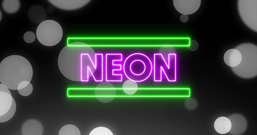 Glowing Purple Neon Sign with Green Bars and Bokeh Circles