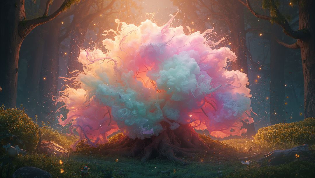 Luminescent Pastel Tree Radiating Dreamlike Light in Mossy Forest Clearing at Twilight