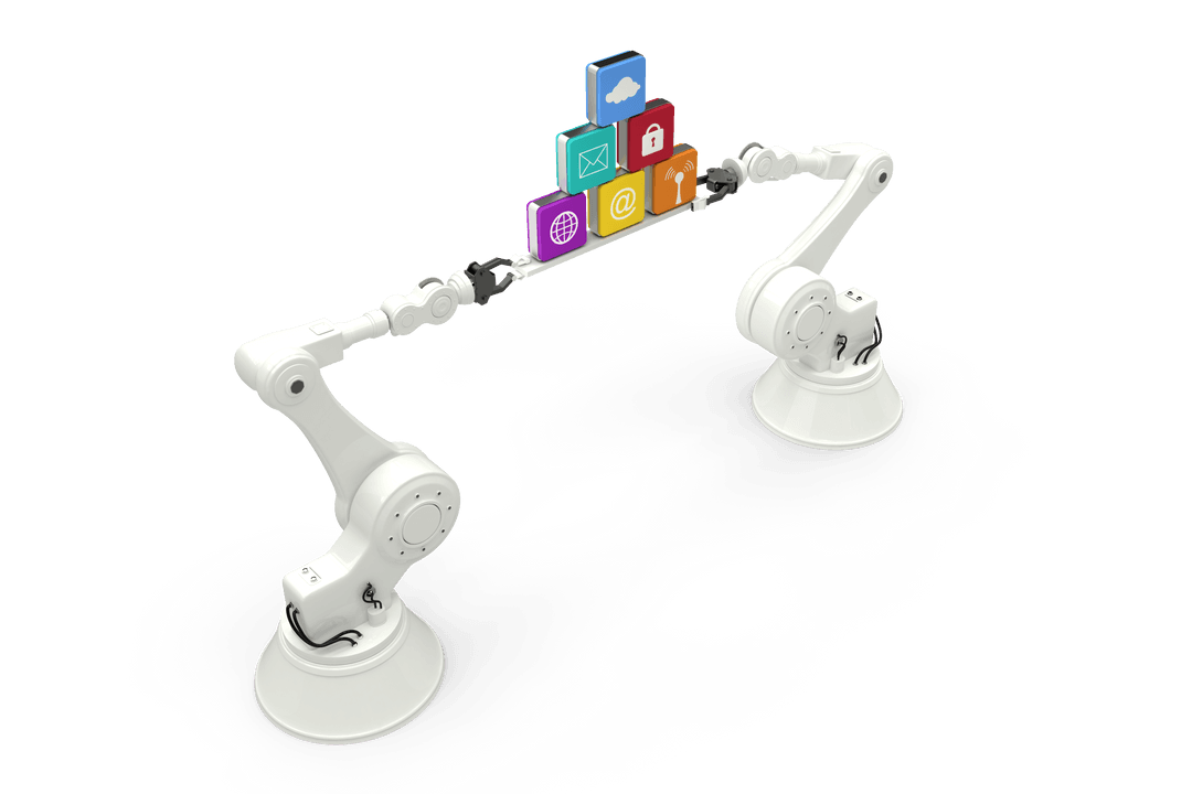 Robotic Arms Holding Digital Icons on Transparent Background