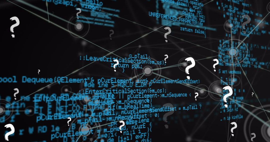 Question marks hovering over digital data network