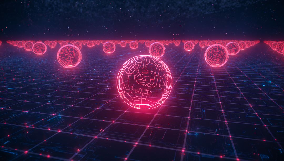 Futuristic Neon Spheres Hovering Over Digital Grid