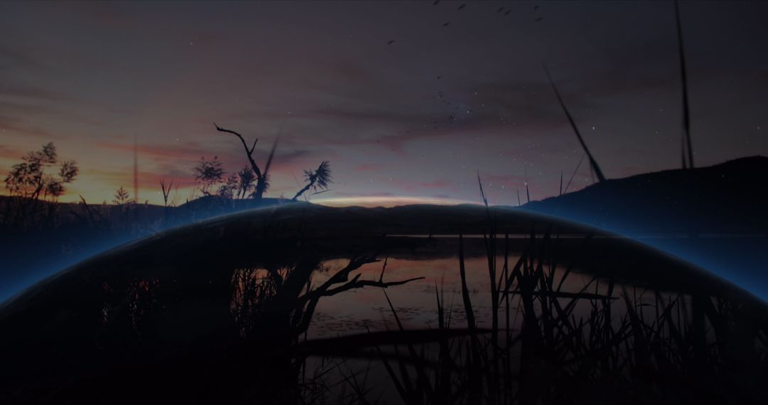 Digital Data Processing Over Serene Dusk Landscape