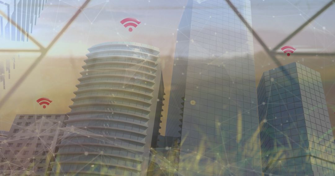 Futuristic Cityscape with WiFi Connectivity Icons and Network Overlay
