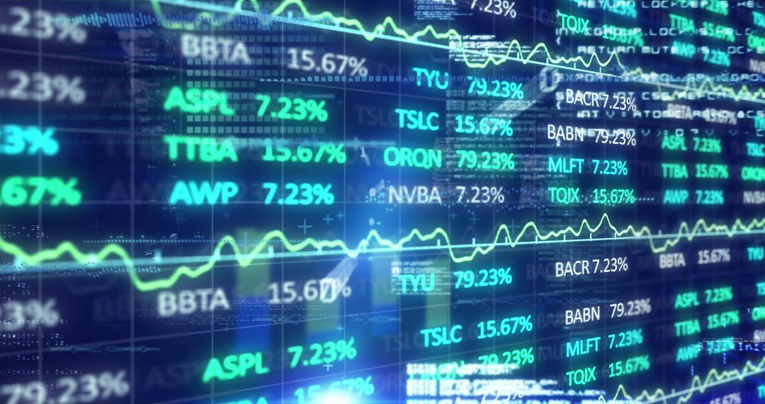 Stock Market Data Display with Digital Tickers and Line Graphs