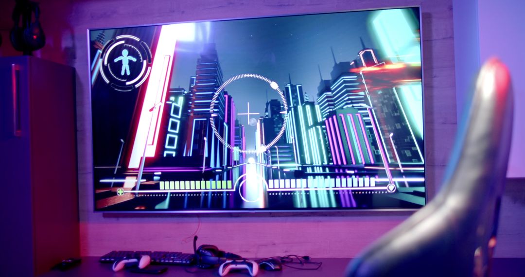 High-Tech Gaming Setup with Large Screen TV and Accessories