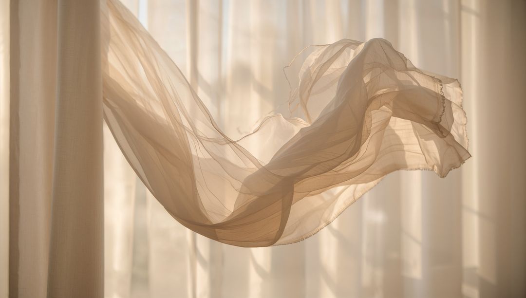Sheer beige scarf floating in sunlit window, flowing chiffon voile drapery with hem detail