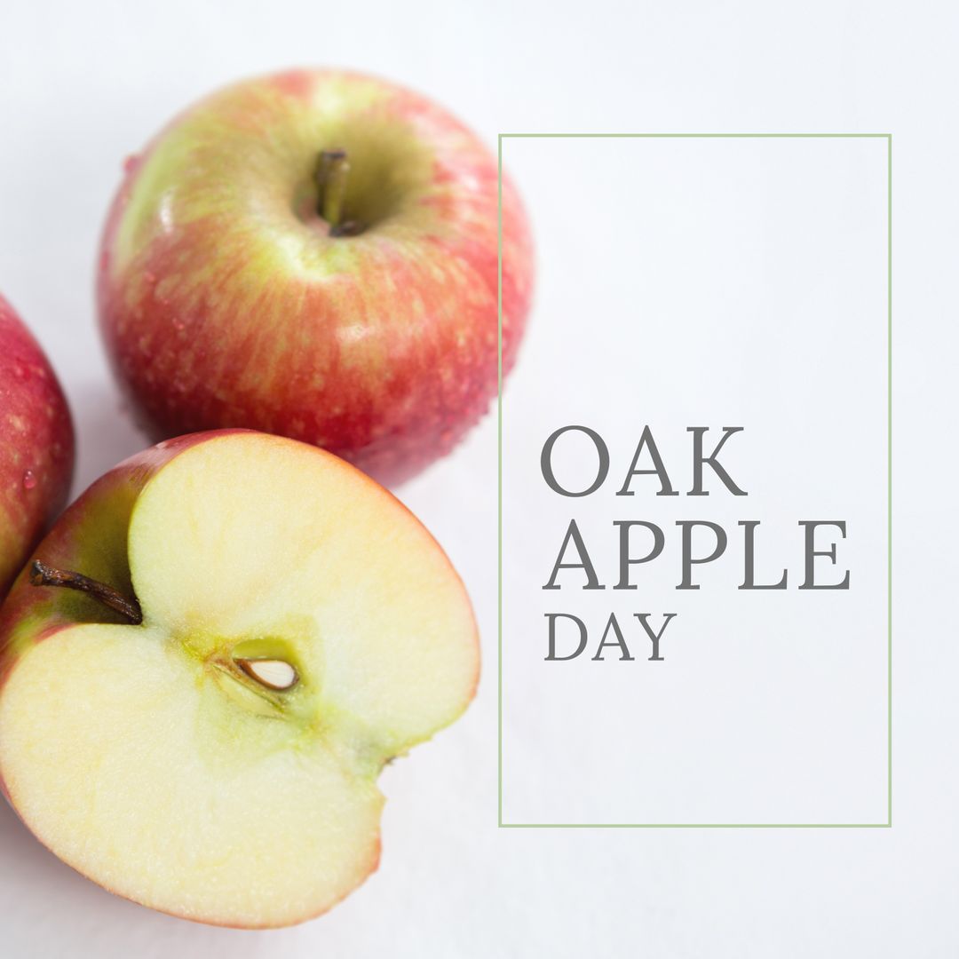 Oak Apple Day Celebration with Fresh Apples and Text Overlay