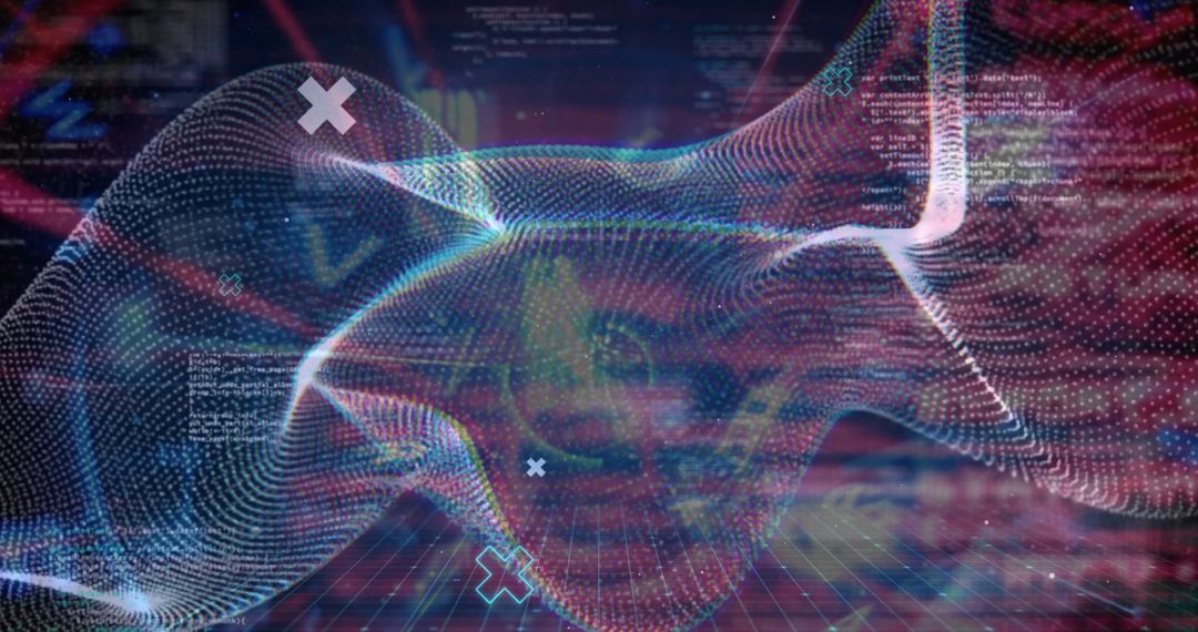 Abstract Digital Waves Overlaying Cryptic Data Patterns