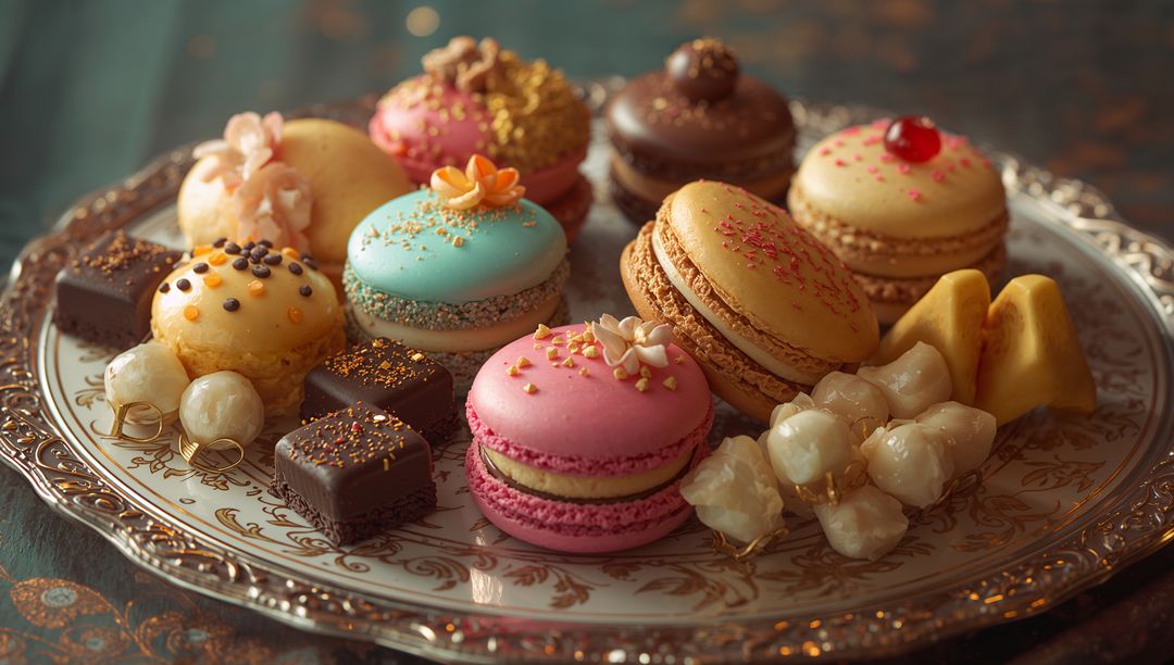Elegant Assorted Macarons and Sweets on Ornate Tray