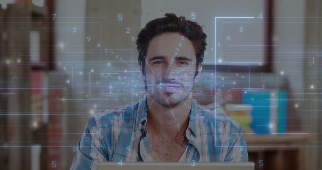 Male Professional Engaging Virtually with Futuristic Data at Home Office