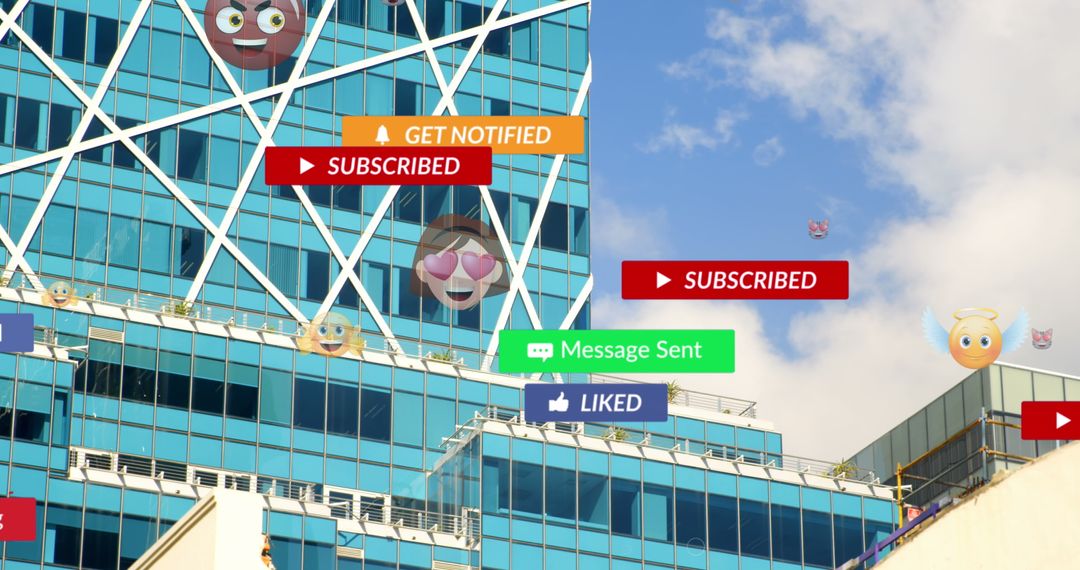 Digital Emojis Floating Over Urban Cityscape