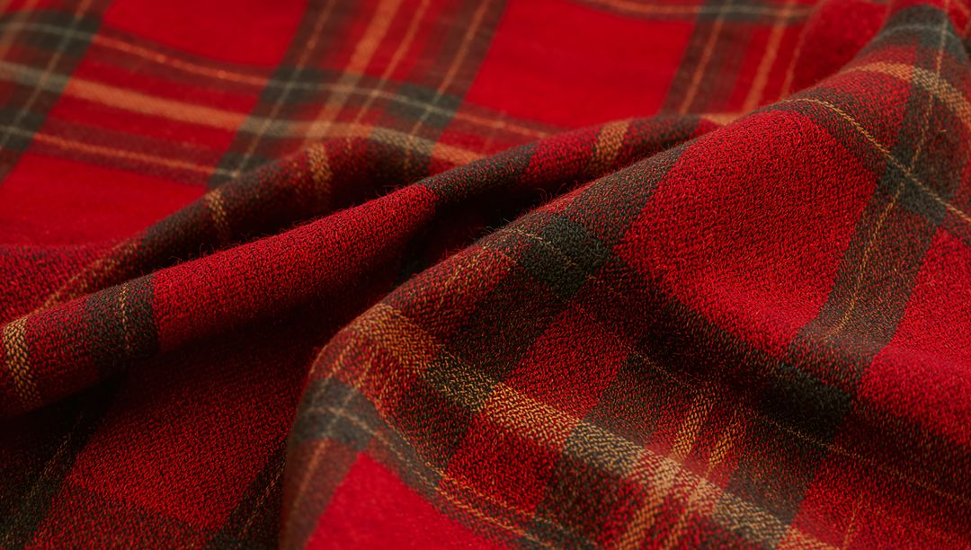 Draping red tartan wool with deep green and mustard stripes