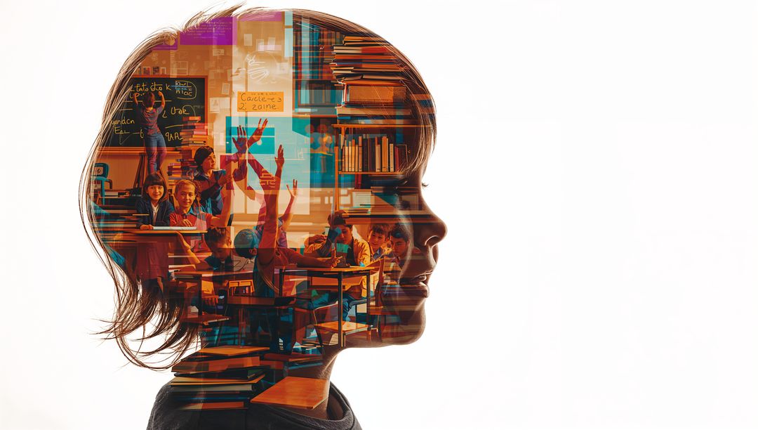 Double Exposure of Child Silhouette Blending with Classroom Learning Scenes
