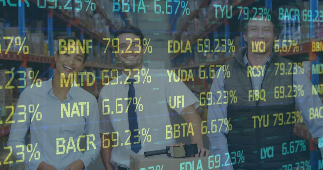 Warehouse Team with Financial Data Projections Overlay