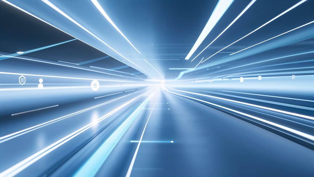 Futuristic data corridor with AI digital grid and icons