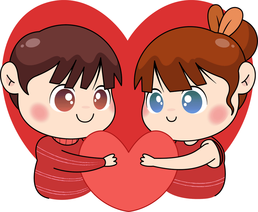 Cartoon Kids Holding Heart Symbolizing Affection on Transparent Background
