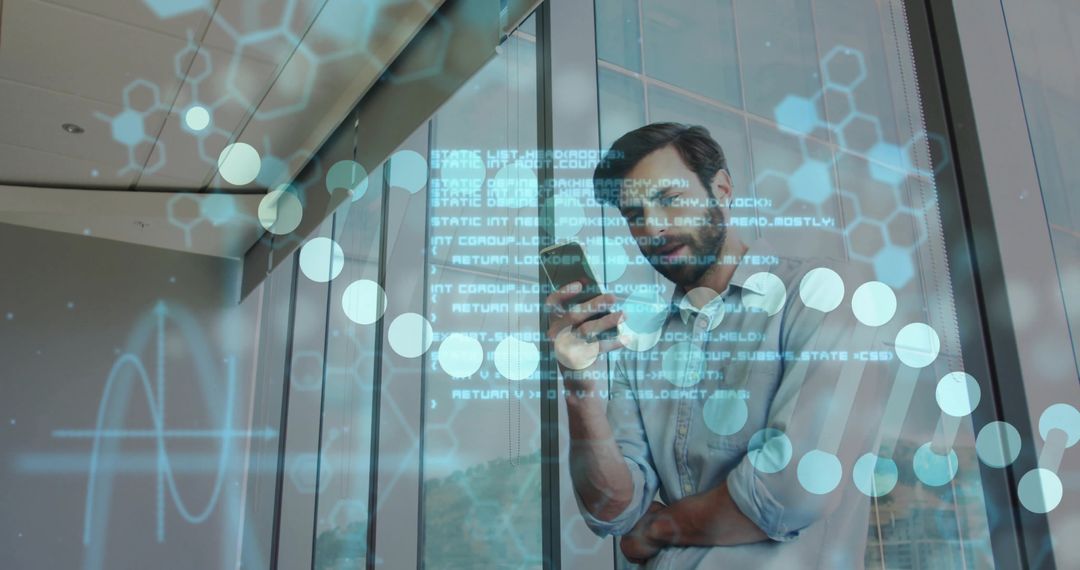 Businessman Analyzing Smartphone with Futuristic Digital Interface