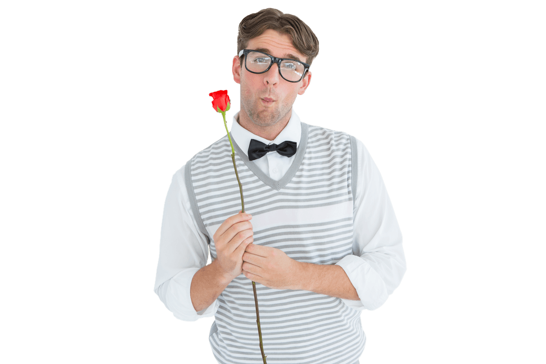 Geeky Hipster Holding Single Red Rose on Transparent Background