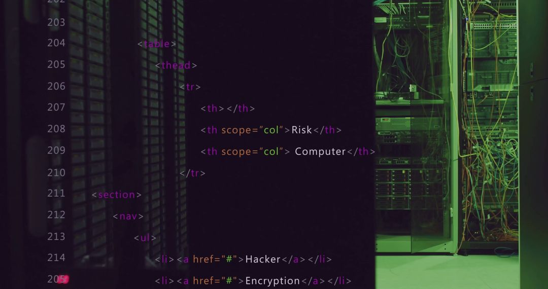 Overlay of HTML Code on Dimly Lit Server Room
