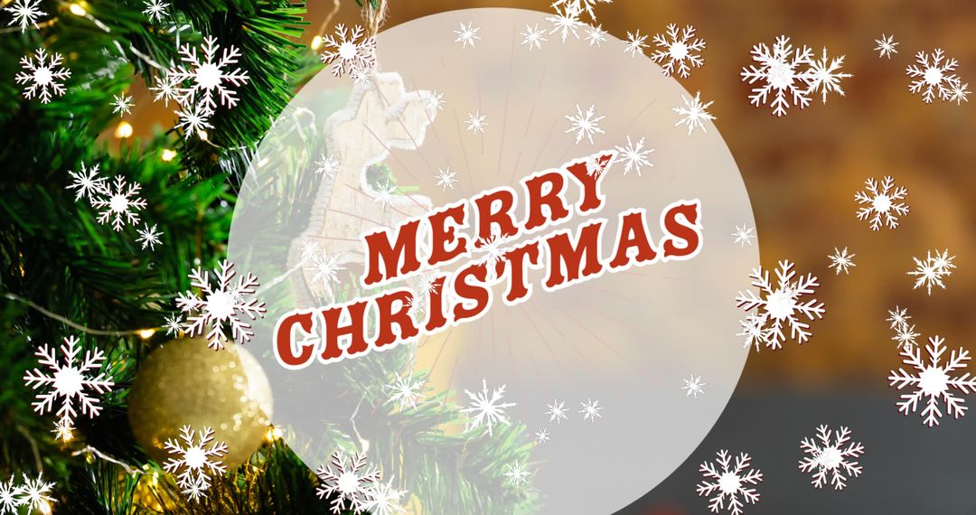 Festive Merry Christmas Text with Snowfall and Decorations