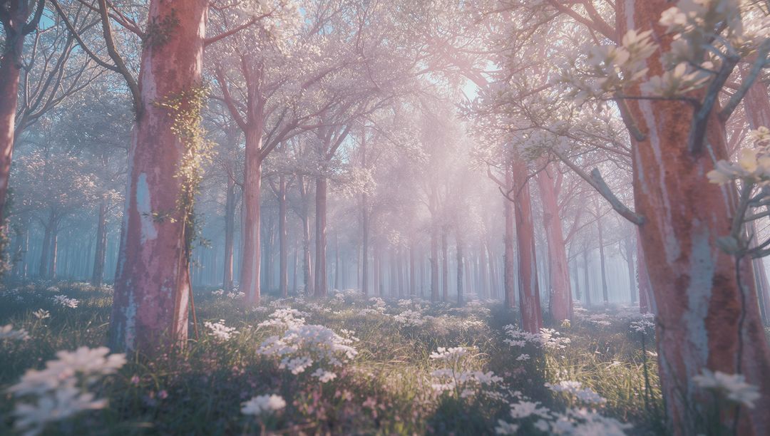 Sunlit Misty Forest With White Flowers in Serenity