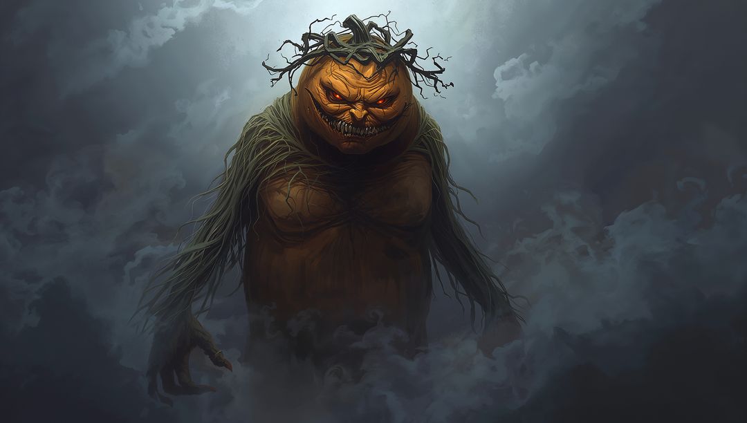 Ominous Pumpkin-Headed Specter Emerging in Fog
