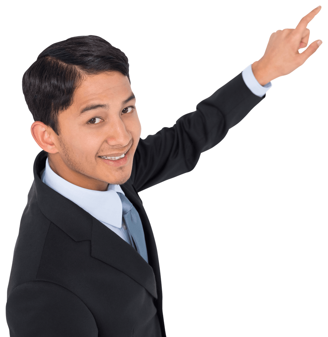 Smiling Asian Businessman Pointing on Transparent Background