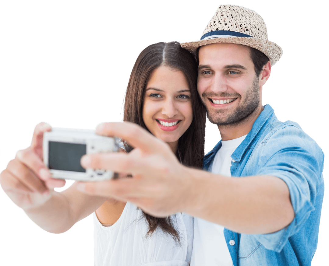 Cheerful Couple Taking Selfie With Camera on Transparent Background