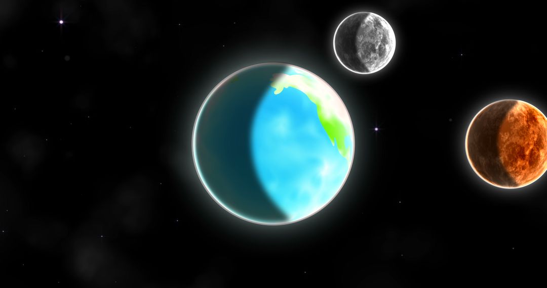 Digital Solar System with Earth and Moons in Space