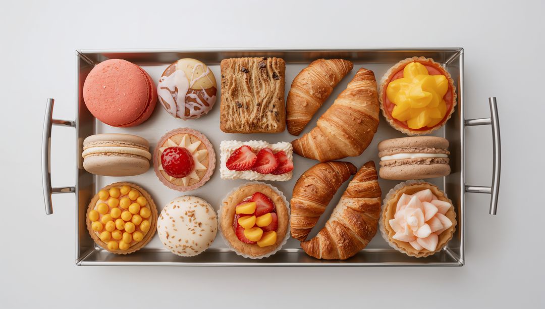 Overhead Tray Displaying Assorted Croissants Macarons and Fruit Tarts for Bakery Branding