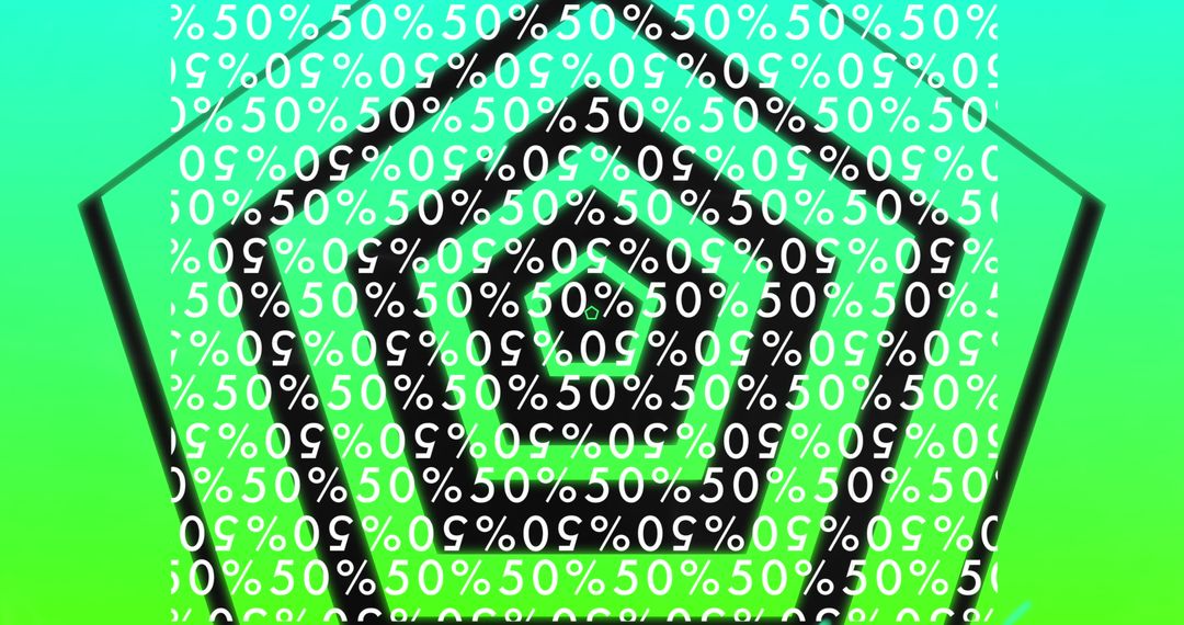 Rotating Pentagons with 50 Percent Off Text on Green Background