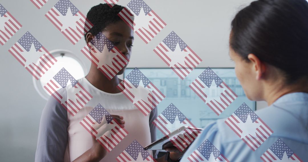 Diverse Teamwork in Office with USA Flag Overlay Concept