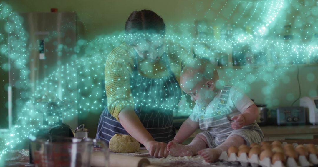 Kneading dough with toddler on kitchen counter, teal particle swirl, home baking moment