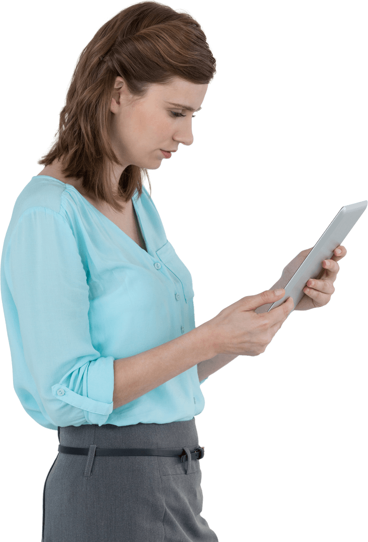 Transparent Young Professional Female Focused on Tablet
