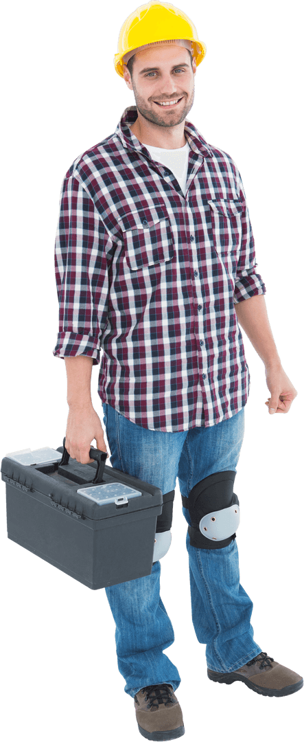 Smiling Repairman Holding Toolbox in Transparent Background