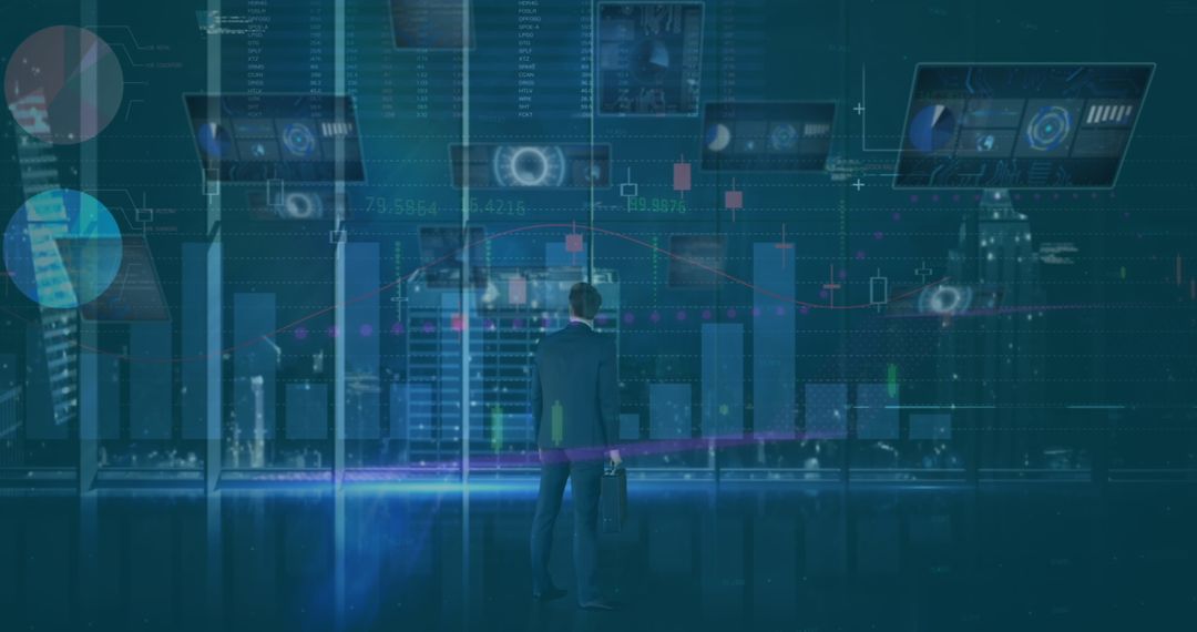 Businessman Analyzing Data on Futuristic Digital Screen