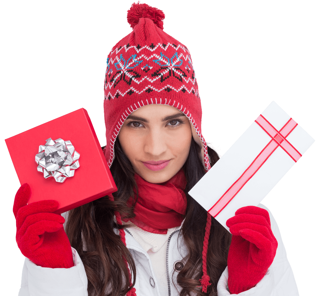Woman Holding Holiday Gifts in Transparent Festive Attire