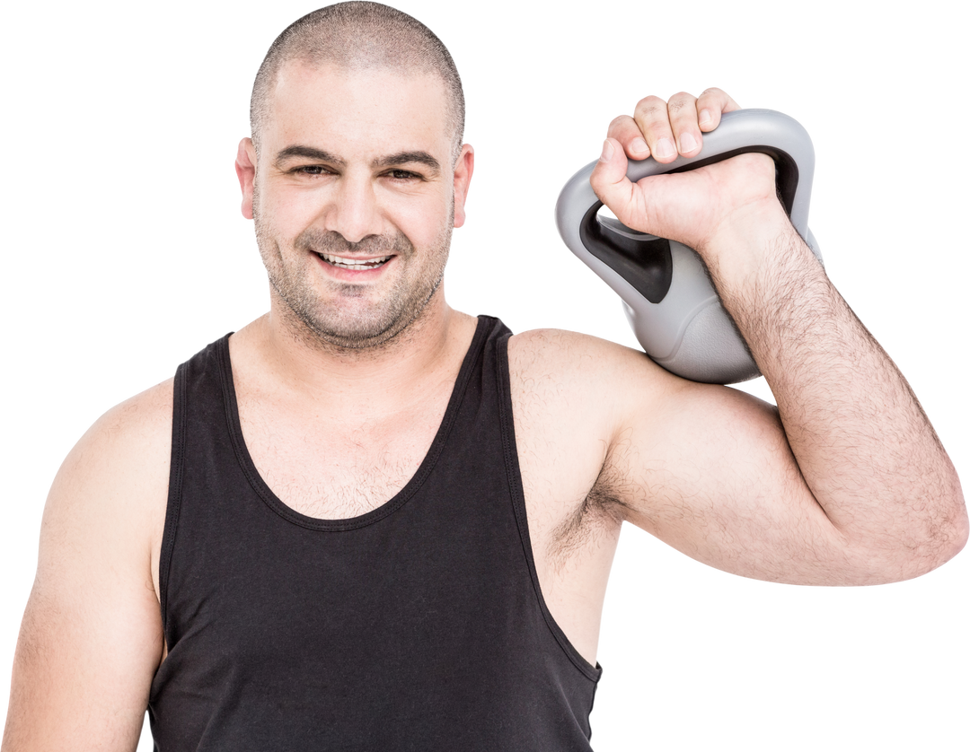 Smiling Man in Black Tank Top Holding Kettlebell Isolated on Transparent Background - Download Free Stock Images Pikwizard.com