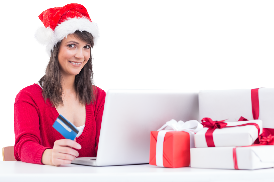 Festive Brunette Shopping Online with Laptop and Presents Transparent Background - Download Free Stock Images Pikwizard.com