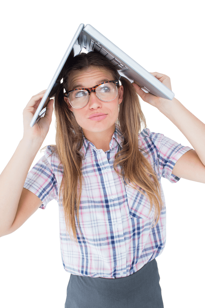 Woman Holding Laptop Over Head In Geeky Transparent Pose