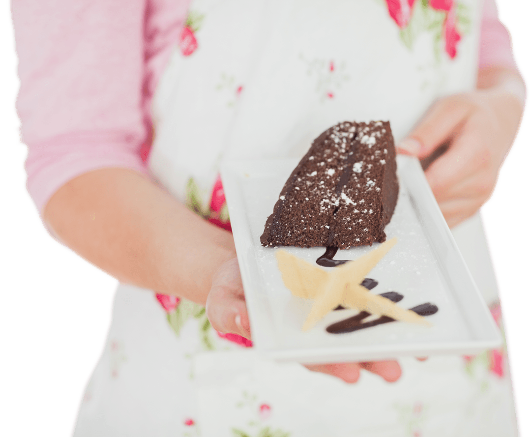 Maid Presenting Delicious Chocolate Cake Dessert Transparent Background