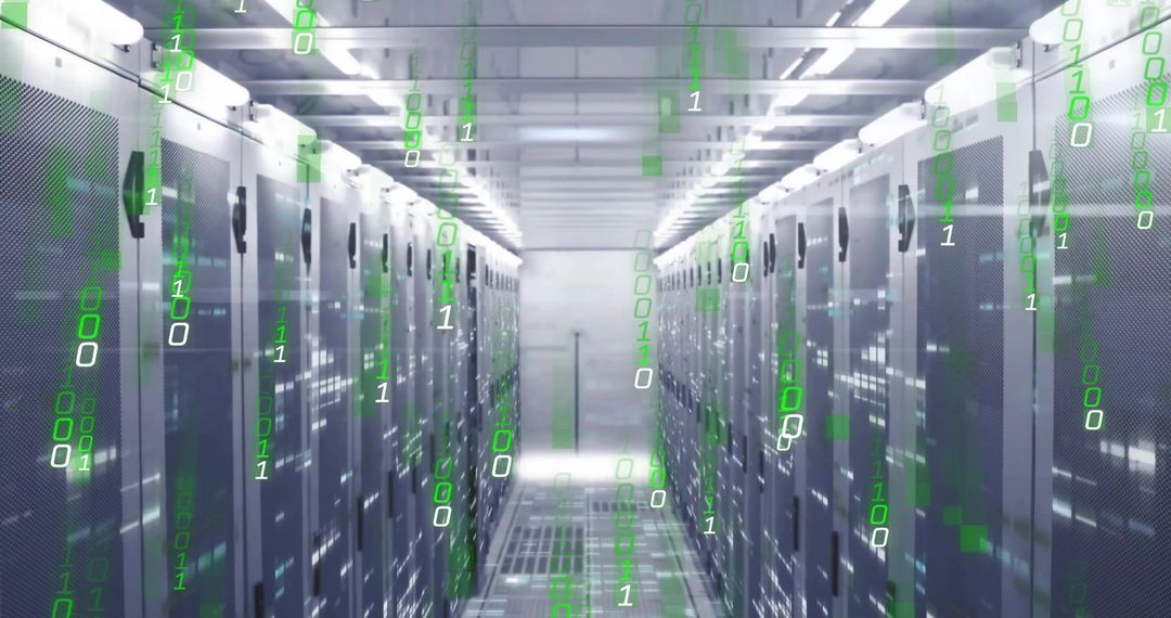 Futuristic Data Center Aisle with Digital Binary Code Overlay