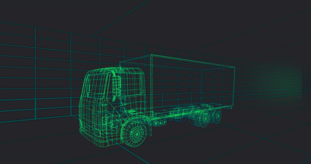 Neon Wireframe Box Truck CAD Render Showing Chassis, Wheels and Cargo Box on 3D Grid