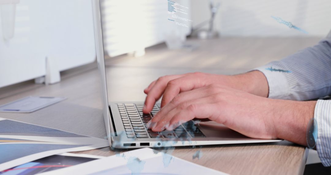 Caucasian Man Typing on Laptop with Digital Overlays